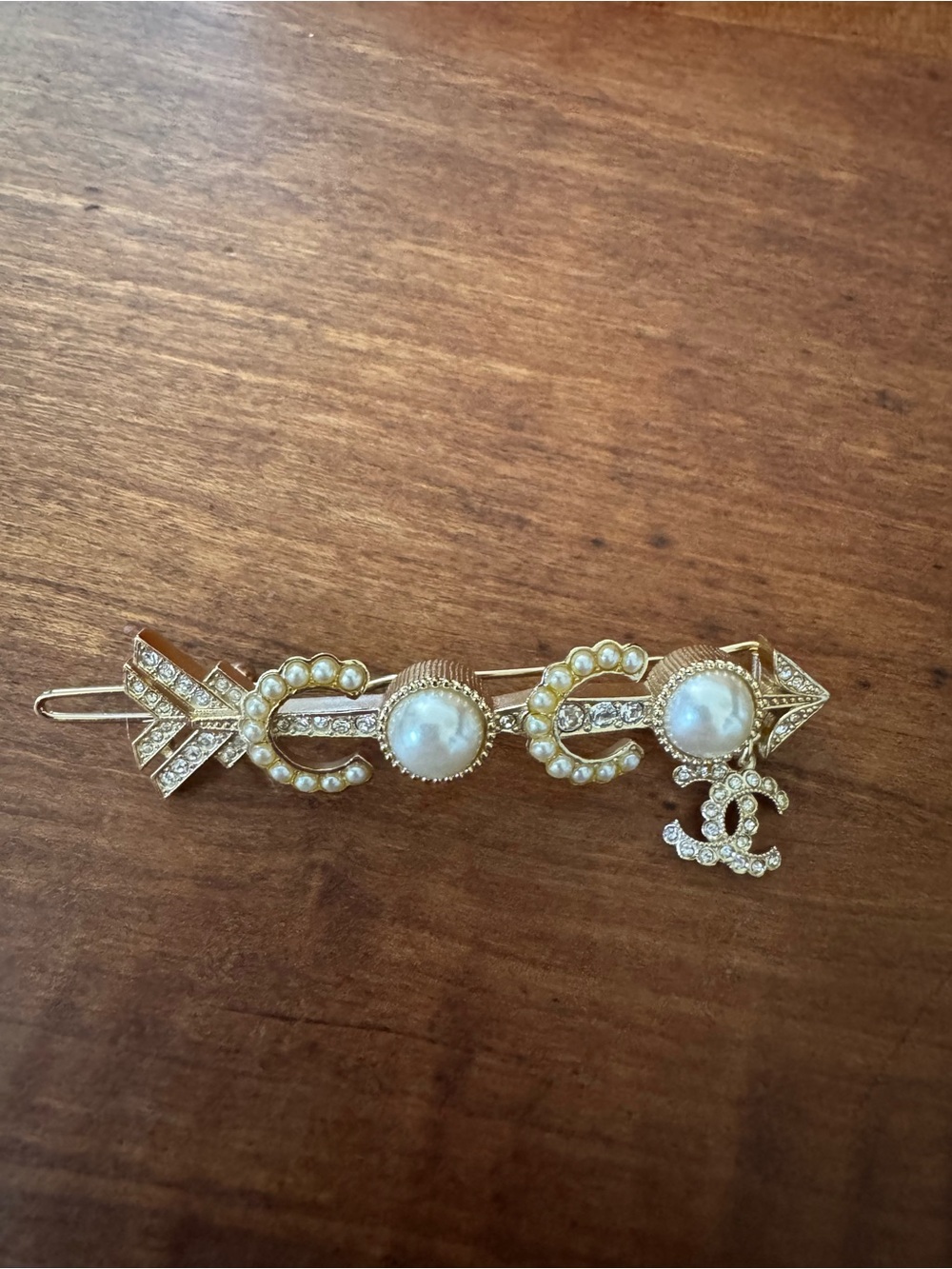 Chanel Inspired Gold Pearl & Crystal Hair Barrette with CC Charm